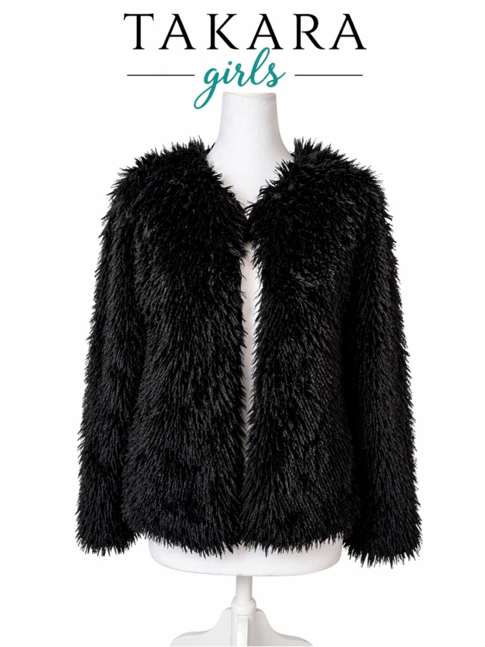 Takara girls Black Teddy Faux-Fur Open-Front Jacket Girls L or Woman Small